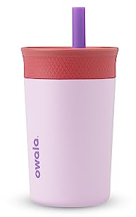Owala Kids Insulation Stainless Steel Tumbler with Spill Resistant Flexible Straw, Easy to Clean, Kids Water Bottle, Great for Travel, Dishwasher Safe, 12 Oz, Pink and Purple (Lilac Rocket)