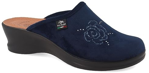 Fly Flot | Classic Woman, Pantofole Donna con Rosa e Strass, Ciabatta con Tomaia in Velluto, Sottopiede imbottito in Pelle Antishock, Blu, 36
