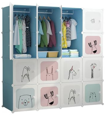 MAGIC SELECT Kinder Kleiderschrank, Modulregal, Kinderkleiderschrank, modularer Organizer, Aufbewahrungsregal für zu Hause, 16 Module, 140x140 cm