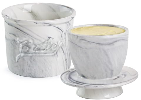 MSJGA Butter Crock for Counter with Water, French Butter Keeper for Spreadable Butter Marble Ceramic Butter Dish with Lid for Countertop, Butter Container Holder