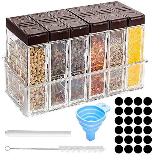 UZSUZZ 6Pcs Plastic Spice Jars, Transparent Seasoning Jars with 2-in-1 Lids, Square Spice Shaker Jars, Spice Containers with Labels, Reusable Storage Jars for Salt, Spice, Sugar, Nuts