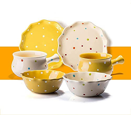 ABNNHK Platos de Cena Elegantes, Juego de vajilla Fina, Juego de vajilla de 6 Piezas, Juegos Combinados de cerámica Pintados a Mano con ensaladera, Plato de Postre, Mango, Servicio de Taz