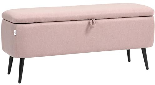 HOMCOM Puff Almacenaje Banco Almacenaje 61L Tapizado en Lino Sintético con Tapa Abatible y Patas de Acero para Dormitorio Salón Entrada Carga 150 kg 101x38,5x44,5 cm Rosa