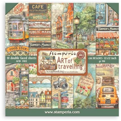 Stamperia - Scrapbook Paper Pad for Scrapbooks, Albums, Card Making, Bullet Journals, and More, Acid Free, Double-Sided, Perfect for Hobbies, Crafts, and Gifting (Art of Travelling) (30,5 x 30,5 cm)