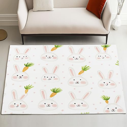 Xuxangti Lovely Rabbit Rug 7x10 for Living Room, Cartoon Rodent Area Rugs for Bedroom, Carrot Polka Dot Carpet Low Pile, Room Decor Large Rugs, Soft Non Slip, Machine Washable Rug