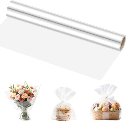 Papel Celofan Transparente, 40cm x 30 m, Papel de Regalo Celofán Decorado, Transparente para Envolver Regalos, 2,5 mil, para Envolver Cestas, Flores y Manualidades