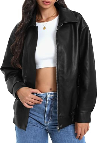 Casly Lamiit Womens Faux Leather Jacket Oversized Motorcycle Bomber Coat Winter Biker Black Jackets 2025 Trendy Street Clothes Black L