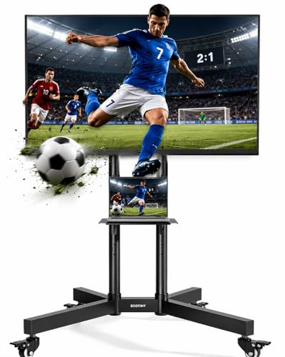 ECOTINY Rollbar TV Ständer für 32–85 Zoll Fernseher mit Tablett bis 70KG | Höhenverstellbar TV-Standfuß, Geeignet für Privathaushalte, Büros und Unternehmen, Max. VESA 600×400mm, Schwarz