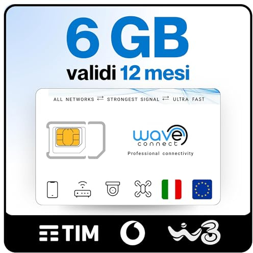 Wave Connect 6 GB | 12 Mesi – SIM Solo Dati Tripla Rete (TIM, Vodafone, WindTre), 4G/5G, Prepagata, Attiva al Primo Uso, Italia e UE, per IoT e Telecamere