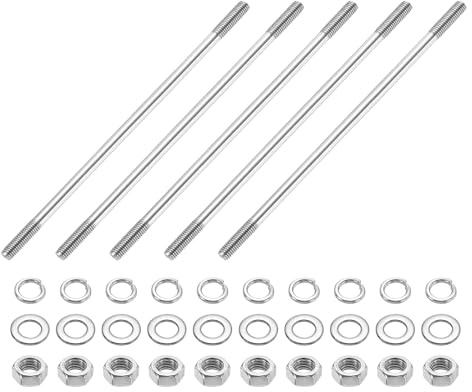 sourcing map 5 viti a doppia estremità, M5 x 140 mm, in acciaio inossidabile 304, a doppia filettatura, con dadi e rondelle piatte e di bloccaggio, vite filettata a doppia estremità, per la
