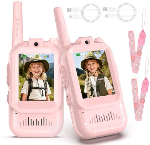 Juguetes Vídeo Walkie Talkie Niños, 2 Piezas 1000FT Recargable Walkie Talkie con Cámara HD & Cambiador de Voz para Niños y Niñas de 3-12 Años, Exteriores, Camping, Senderismo Regalo Walky Talky