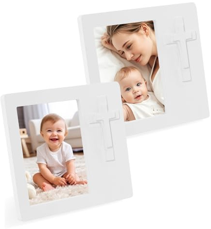 meiqidi 2 Pack Baptism Picture Frame, Christening Gifts for Boys and Girls, White Wooden Cross Design Religious Baby Picture Frame 3.5 X 5 (2)