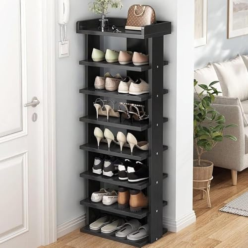 Large Tall Shoe Cabinet with 14 Grids Vertical Shoe Storage Rack Black | Tall Wooden Shoe Organiser Tower with 8 Grids for Hallway Entrance Space Saving Free Standing Shoe Shelf for Small Spaces