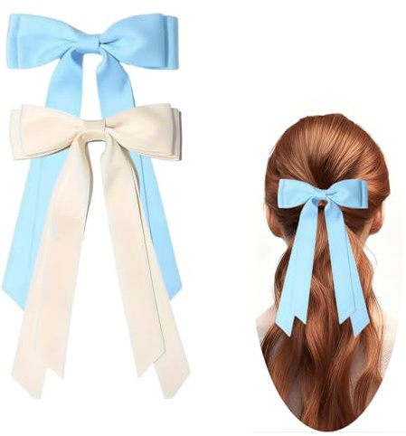 Hair Bows for Girls & Women, Satin Hair Ribbon Clips, Blue Beige Hair Bow, 2PCS Elegant Hair Accessories Barrettes for Women Girls Daily Party Christmas Wedding Prom