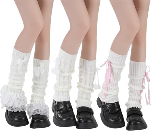 VelvetGlow Guêtres Kawaii pour Filles, Guêtres Lolita Y2K Blanc Tricot Côtelé Nœud Hauteur Genou