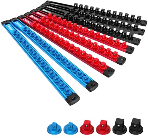 DIKTALK 8PC Magnetic Socket Organizer Set, for 1/2″ 3/8″ 1/4″ Drive with 3 Black 3 Red 2 Blue Trays, 360° Swivel Removable Clips, Heavy Duty Aluminum Alloy Rail for Tool Box Drawer