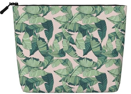 Green Palm Tree Leaves Water Resistant Pouch Women's Organizer, Fake Hemp Makeup Bag Large Cosmetic Travel Case