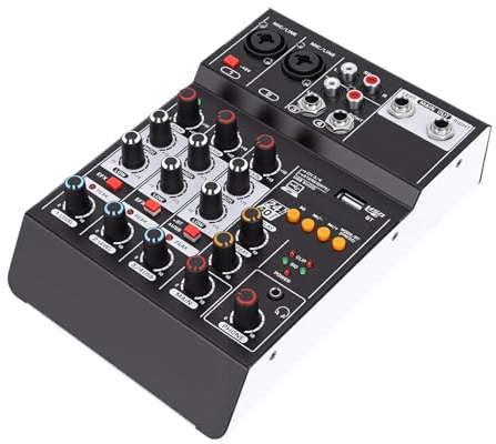 Annadue 4-kanals Ljudmixer, USB MP3 Bluetooth DJ Mixer med 48V Power för Inspelning Av Livestreaming, Stöder USB och Bluetooth-anslutning