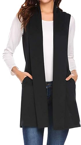 EFOFEI Donna Gilet Lungo Leggero Tasca Colore Solido Cardigan Casual Senza Maniche Giacca Spolverino Nero XXL