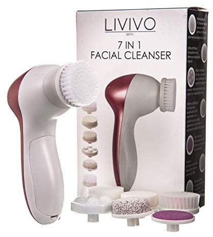 LIVIVO Facial Cleansing Brush – 7-in-1 Electric Face & Foot Exfoliator Deep Cleansing Face Scrubber – Blackhead Removal, Pore Cleansing & Exfoliating with 7 Rotating Heads (Rose Gold)