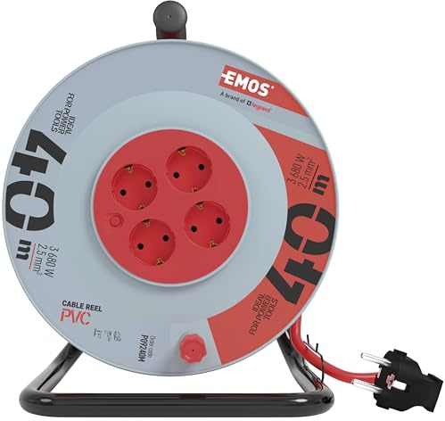 EMOS - Kabeltrommel 40m mit verstärktem Verlängerungskabel - 4 Schuko-Steckdosen - 230 V, 16 A, 3680 W - PVC-Isolierung - H05VV-F3G 2,5 mm2 - Überhitzungsschutz - IP20 für Innen, grau-rot