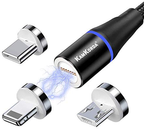 KamKorda 3 in 1 Magnetic Charging Cable – 2m Nylon Braided USB Charger, Lightning, USB C & Micro USB Connectors, Fast Charging Phone Charger, LED Magnetic Charger Cable