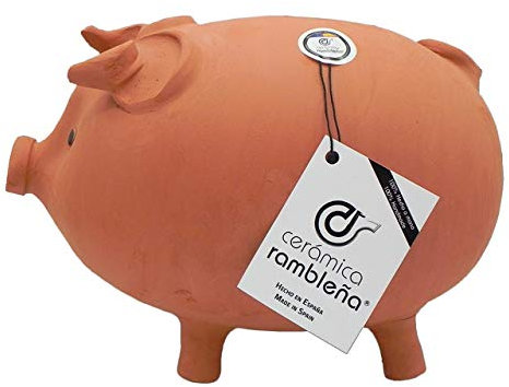 CERÁMICA RAMBLEÑA | Hucha Cerdito de Barro Rojo Tradicional | Hucha Infantil | 100% Hecho a Mano | 35x21x22 cm