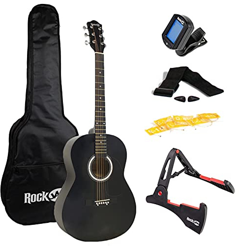 RockJam Full Size Acoustic Guitar Kit with Stand, Tuner & Bag, Black