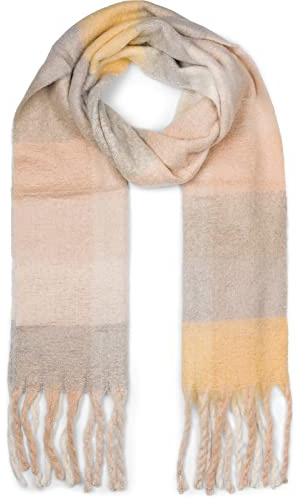 styleBREAKER Écharpe en tricot pour femmes avec motif à carreaux colorés et longues franges épaisses, hiver chaud, étole 01017138, couleur:Gris-jaune-beige