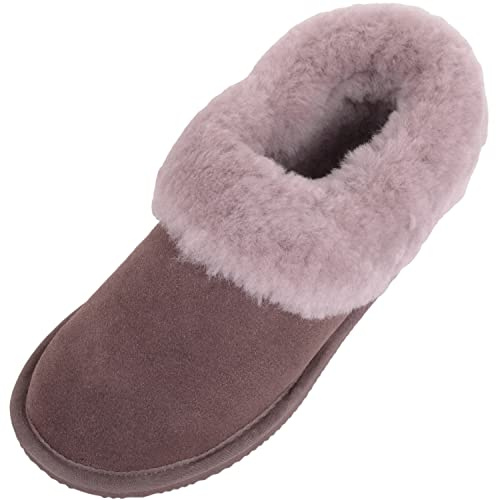 SNUGRUGS Womens Genuine Full Sheepskin Boot Slipper with Thick Sheepskin Cuff - Truffle - UK 6