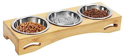 Mivcinn Cat Bowls with Stand, 300ml, Raised Dog Cat Bowl, Rack with 3 Stainless Steel Bowls, Cat Food Bowl with Bamboo Base, Elevated Cat Feeding Station for Small Dogs and Cats