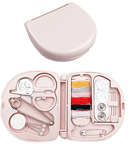 Travel Sewing Kit 1 Pack Portable Mini Sewing Kit Including Hand Sewing Needles, Threads, Small Scissors, Tweezers, Buttons, Straight Pins, Safety Pin, Threader, Pink Storage Case, for Home, Travel