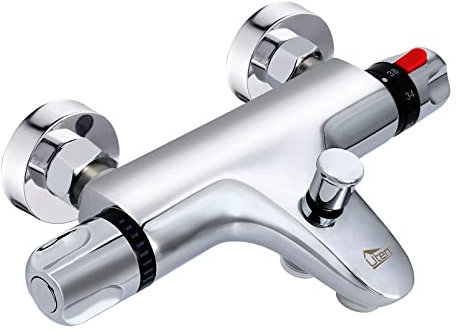 Badewannenarmatur Thermostat, Uten Duscharmatur Wannenthermostat Mischbatterie Wannenarmatur mit 38 °C Sicherheitstast, Duschthermostat 20-50℃, 2 Wasserauslässen, Messing