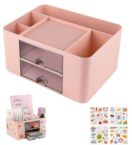 OFFCUP Schreibtisch Organizer, 5 Fächer Plastik Büro Organizer mit 2 Schublade, Multifunktionaler Stifthalter Organizer, Stiftehalter Schreibtisch Tisch Organizer für Bürobedarf Schreibwaren(Rosa)