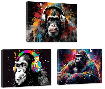 ZXHYWYM Monkey Pictures Wall Decor Funny Cool Monkey Gorilla Canvas Prints Gorilla with Headphones Painting Happy Music Animal Artwork Frame (A, (28x35cmx3))