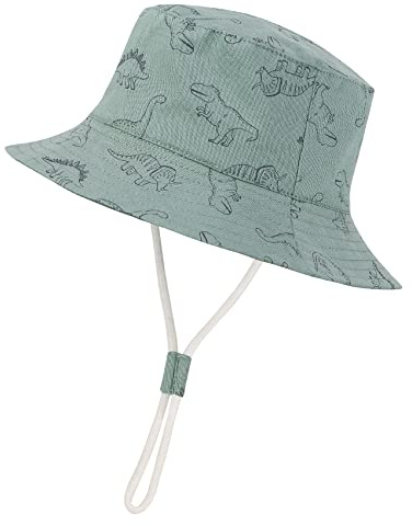 Durio Baby Sonnenhut Kinder Sonnenmütze Junge Mädchen Atmungsaktiv Sommerhut Kinder UV-Schutz mit Bindebändern Graugrün mit Dinosaurier 3-6 Monate(Tag Size XS)