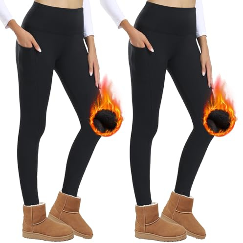 AMIYOYO Lot de 2 Leggings Thermiques Femme Taille Haute avec Poches - Doublés en Polaire, Opaques, Chauds - Noir x 2, S-M