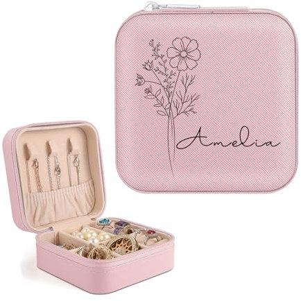 Personalised Jewellery Box With Birth Flower & Name - Custom Travel Box for Bridesmaid Gifts, Wedding, Birthday - Mom, Wife, Girls (Pink)