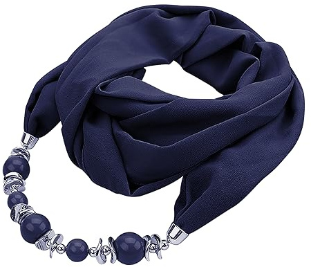 FakeFace Women Beads Pendant Chiffon Scarf Vintage Ethnic Neckerchief Shawl Wrap Infinity Scarves Necklace (Navy Blue)