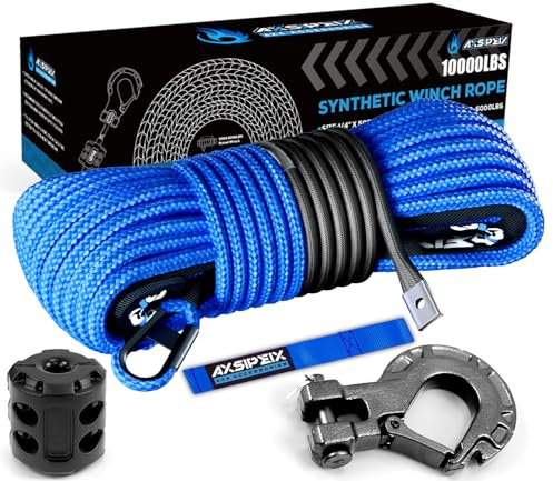 Synthetic Winch Rope Kit, 1/4 x 50ft 10000LBS Blue Winch Cable with Protective Sleeve, Forged Winch Hook, Rubber Stopper and Safety Pull Strap for ATV UTV