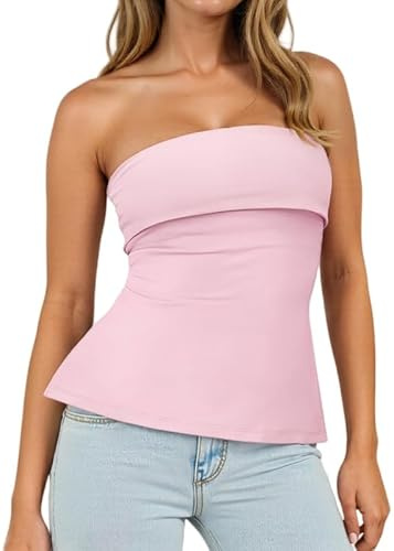 Sukiglam Haut Femme Dos Nu Tube Top Été Sexy Bretelles Debardeur sans Manches Tunique Bustier Slim Fit Y2K Crop Tops Élastique Double Layer Bust T Shirt Going Out Chemise avec Fente Latérale