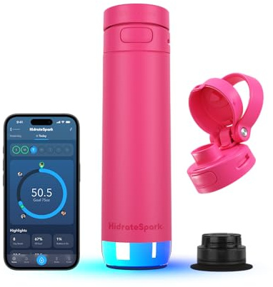 HidrateSpark PRO 2 Smart Water Bottle – 21 oz insulated stainless steel, tracks intake, glows & beeps reminders, Bluetooth app sync, chug & straw lids, BPA-free, Flamingo (with Apple Find My)