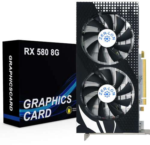 ZER-LON Radeon RX 580 Graphic Cards, 8GB 256Bit 2048SP GDDR5 1284/7000MHz, DP HDM DVI-Output, PCI Express 3.0 with Dual Fan for Office and PC Gaming