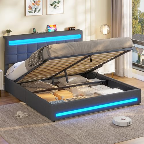 AOGLLATI 5ft King Ottoman Bed Frame 150×200 cm with Charging Station and LED Lights, Upholstered Platform Bed frame with Under-bed Storage and Storage Headboard, No Box Spring Needed, Dark Gray Linen