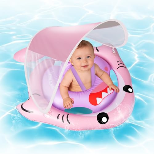 NYOBABE Salvagente Neonato con Parasole SPF 50+, Ciambella Neonato Mare 6-36 Mesi con Camera d'aria Posteriore Anti-Ribaltamento, Salvagente Bambini 9-15Kgs, Rosa