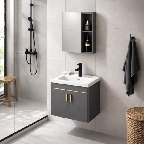 FGNIXLN Set di mobili da bagno con mobiletto, 61 cm, con armadietto a specchio da 55 cm, set di mobili da bagno con lavandino, sospeso, mobili moderni da bagno