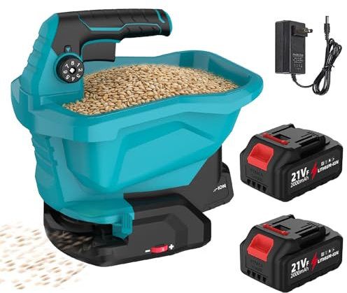 Sulobom Esparcidor de abono con batería Makita de 18 V, con depósito de 3,3 L, control de semillas de 8 niveles, ángulo de dispersión de 140°, para fertilizantes, semillas, sal utilizable (2 baterías