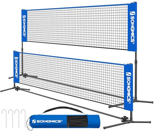 SONGMICS 10 ft Badminton Net, Height Adjustable Volleyball Net, Pickleball Net with Poles, Foldable Nylon Net for Tennis Indoor Outdoor Court, Blue and Black USYQ300V1