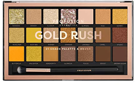 Profusion Cosmetics Gold Rush 21 Shade Eyeshadow Palette + Free Pro Series Brush (decadent golds and bronzes to cool and deep brown hues)