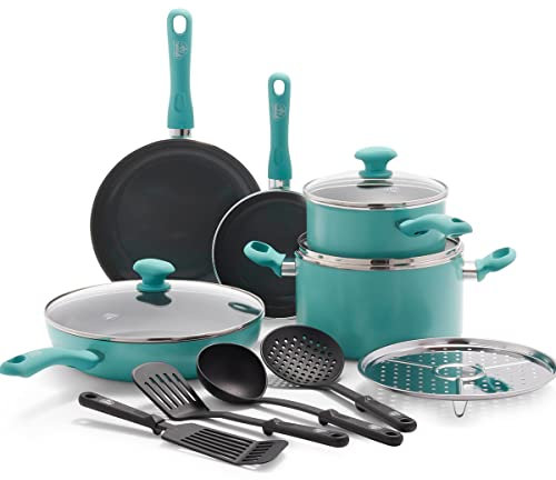 GreenLife Soft Grip Diamond Healthy Ceramic Nonstick 13 Piece Cookware Pots and Pans Set, PFAS-Free, Dishwasher Safe, Turquoise, Diamond Cookware
